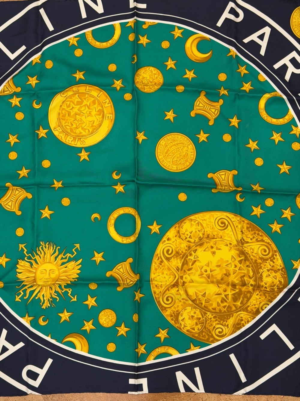 Celine Green & Navy Silk Scarf with Gold Celestial Medallions - Picture 4 of 5